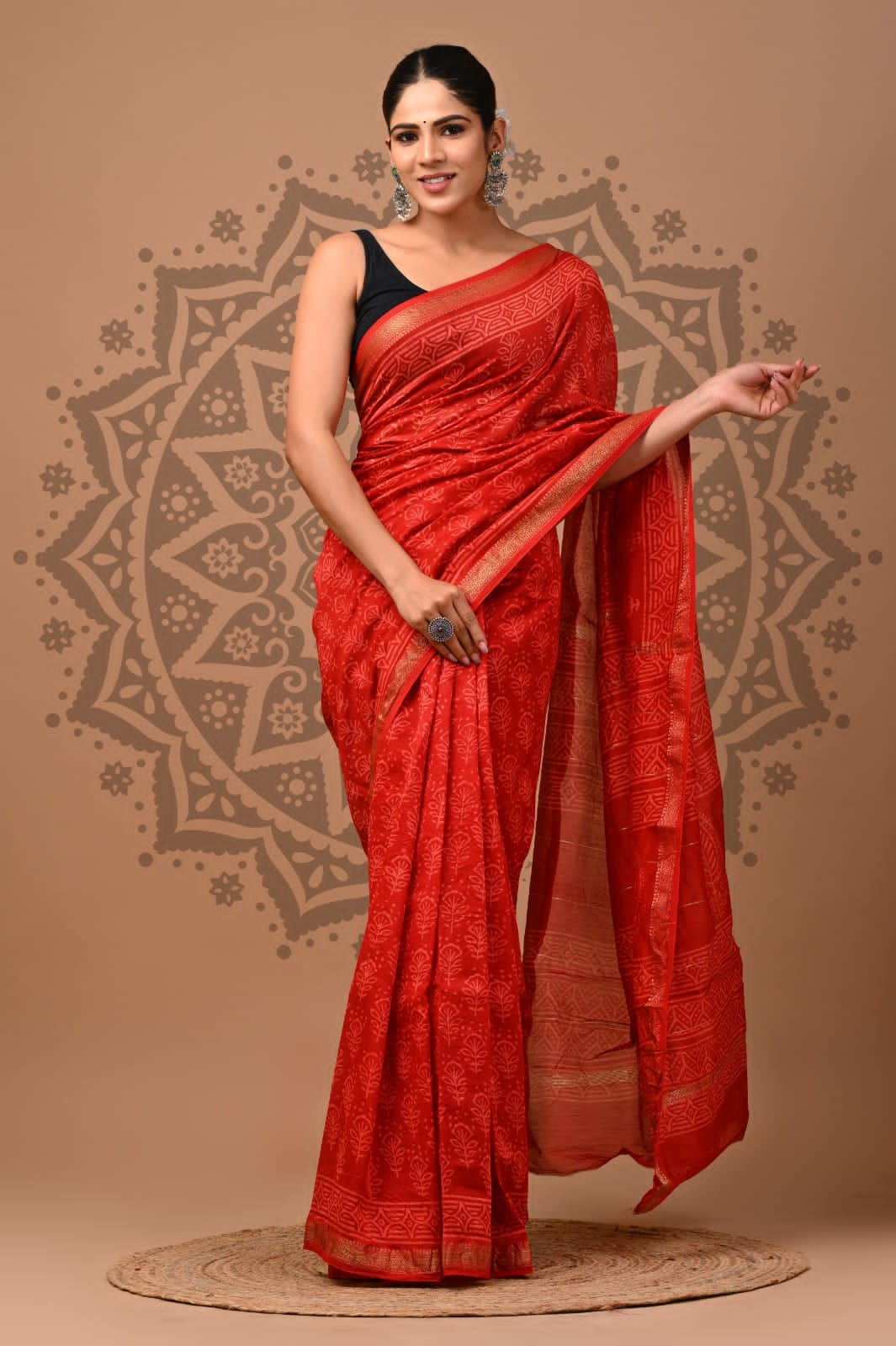 Red  Maheshwari Bagru Block Print Saree