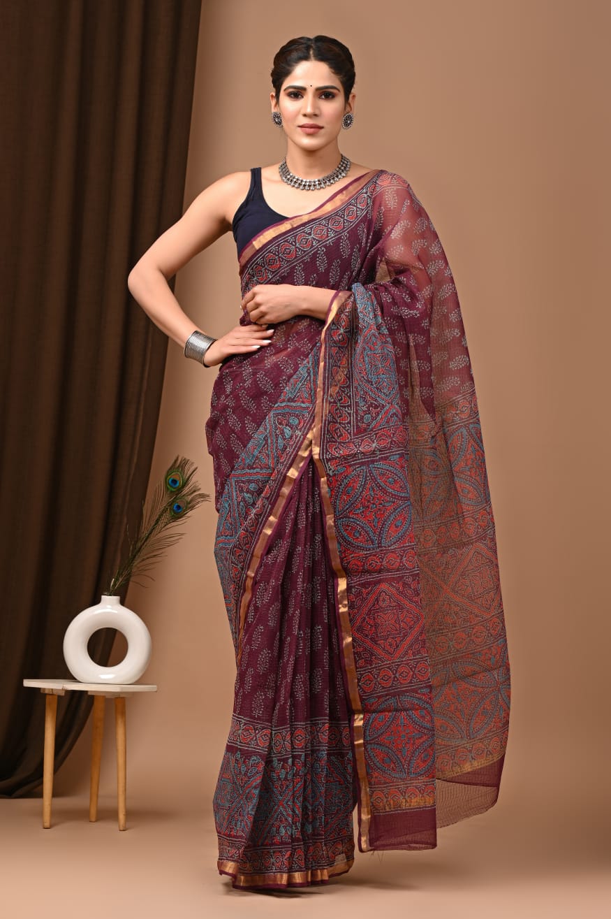 Charming Wine Traditional Kota Doria Print Saree