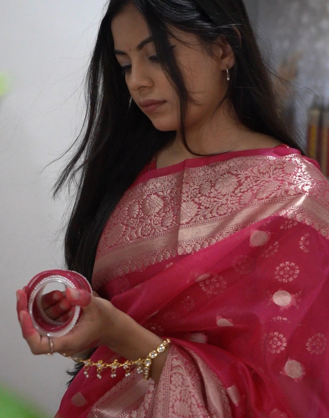 Cherry Pink Banarasee Semi Kora Organza Saree