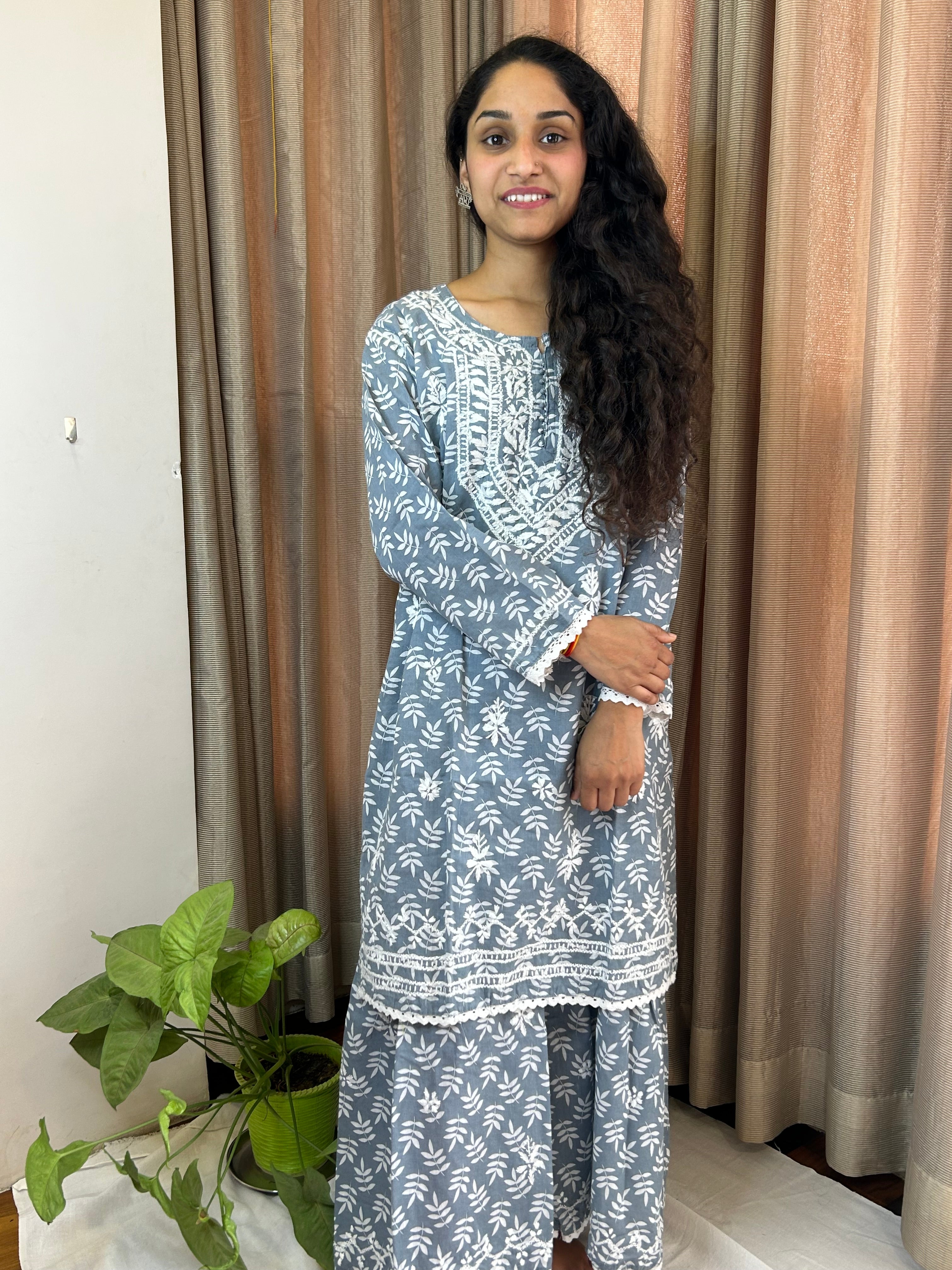 Grey Floral Lucknowi Cotton Chikankari Sharara Set