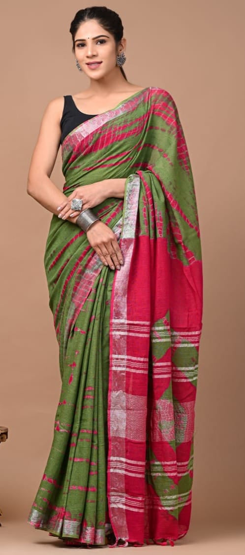 Green And Pink Pure Linen Saree