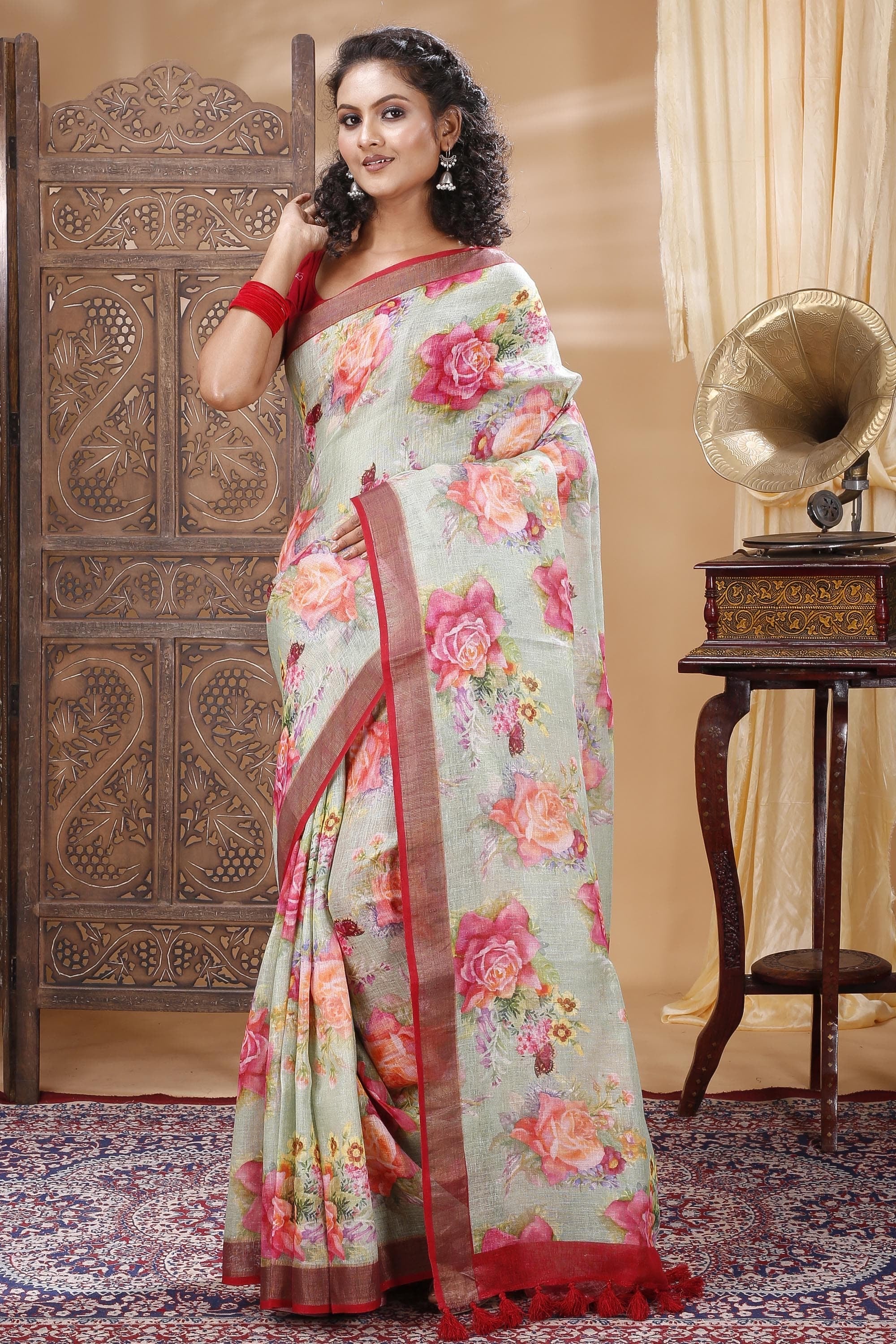 Floral Linen Saree In Blue