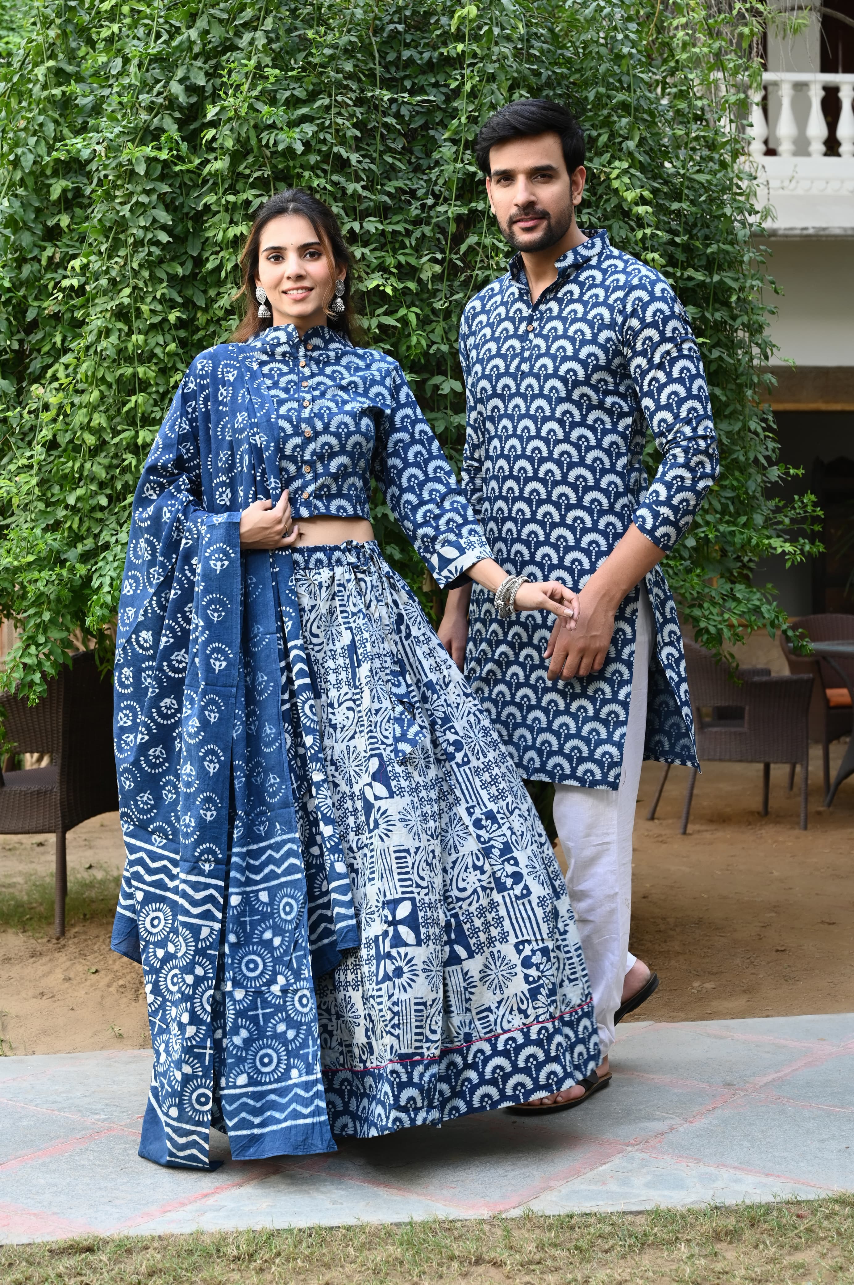 Indigo Pure Cotton Twinning Couple Set In Block Print