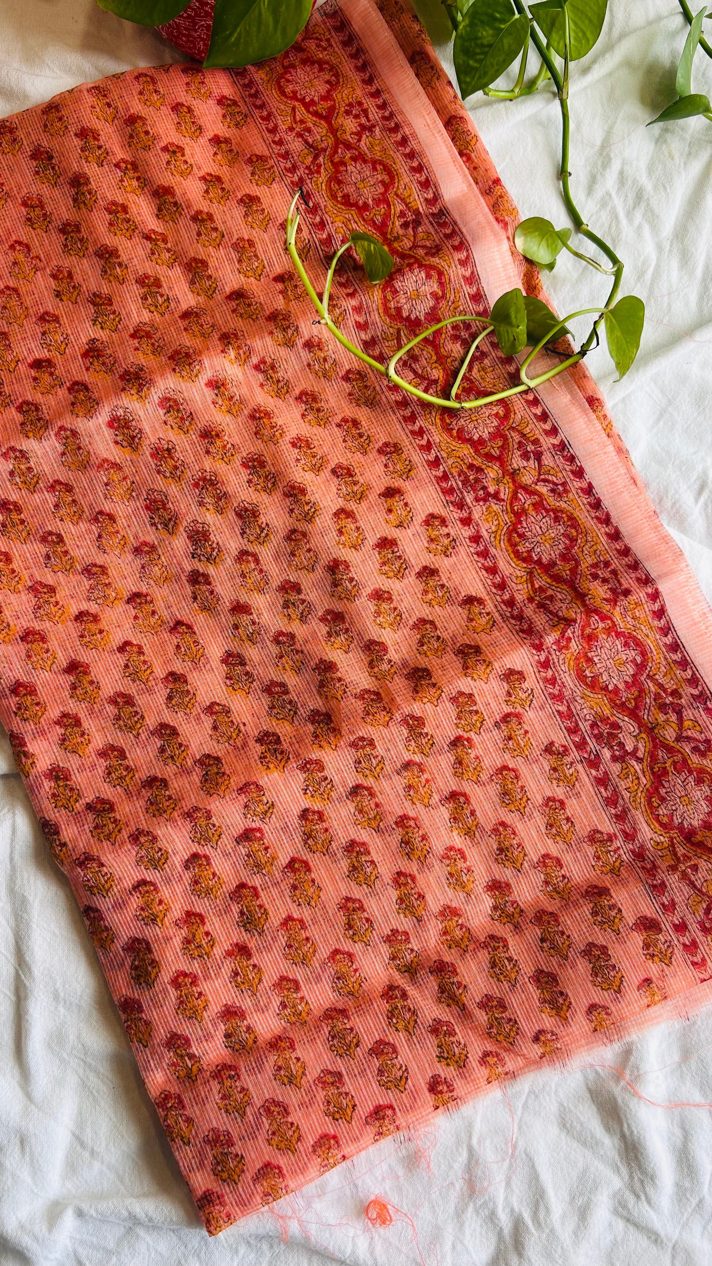 Summer Look Kota Doria Hand Block Print Suit In Peach(unstitched)