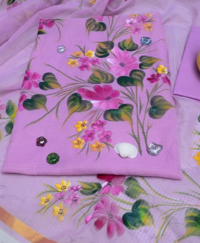 Purple Hand Painted Cotton Kota Doria Suit With Dupatta