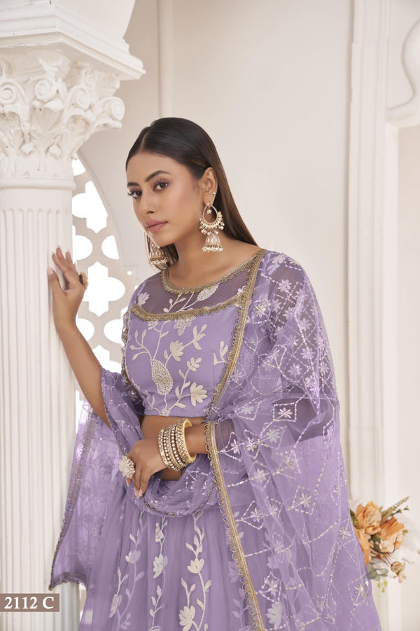 Levandar Net Thread Work Lehenga (Semi - Stitched