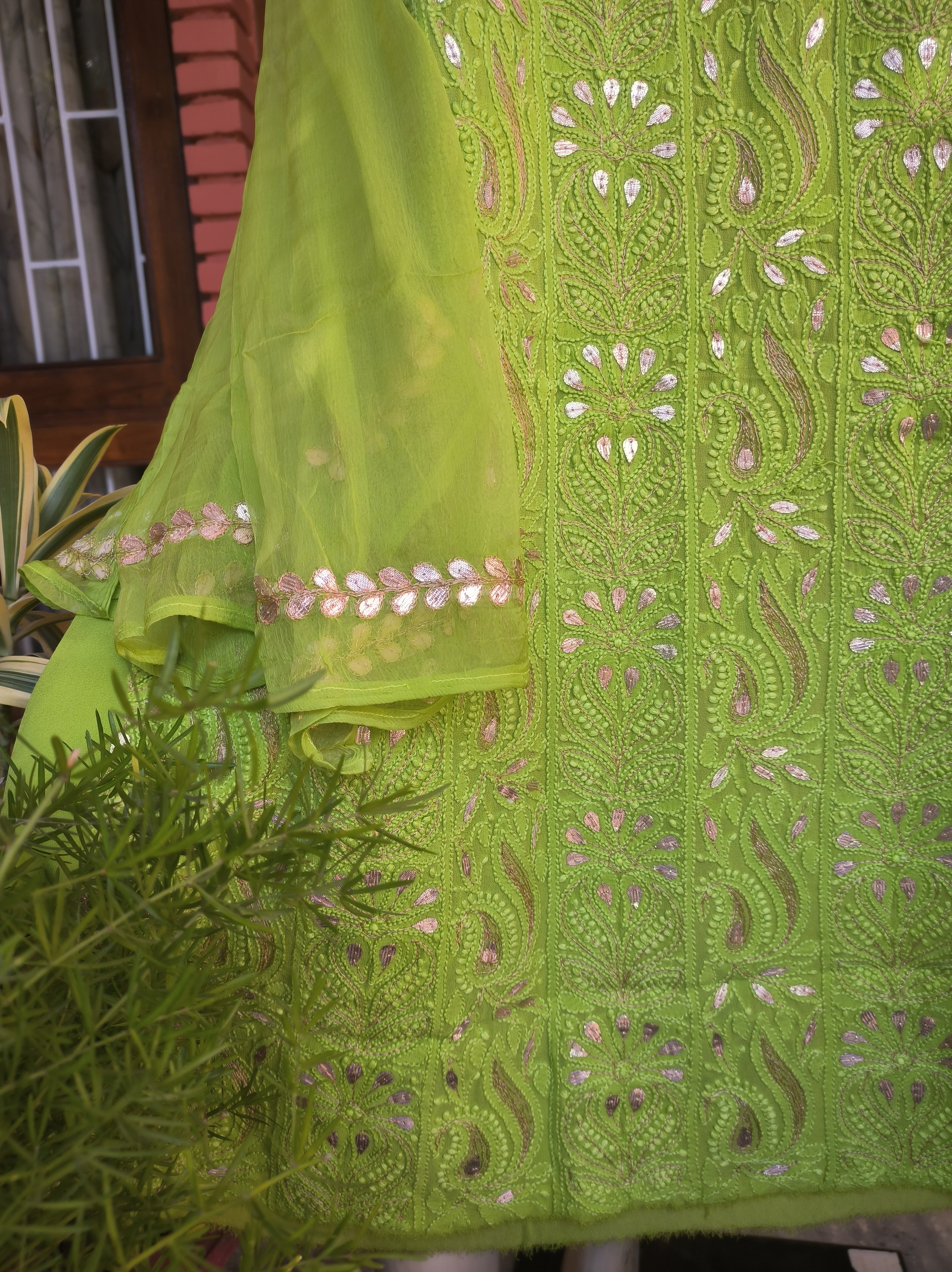 Green Lucknowi Chikankari Gota Patti Salwar Suit(Dress Material)