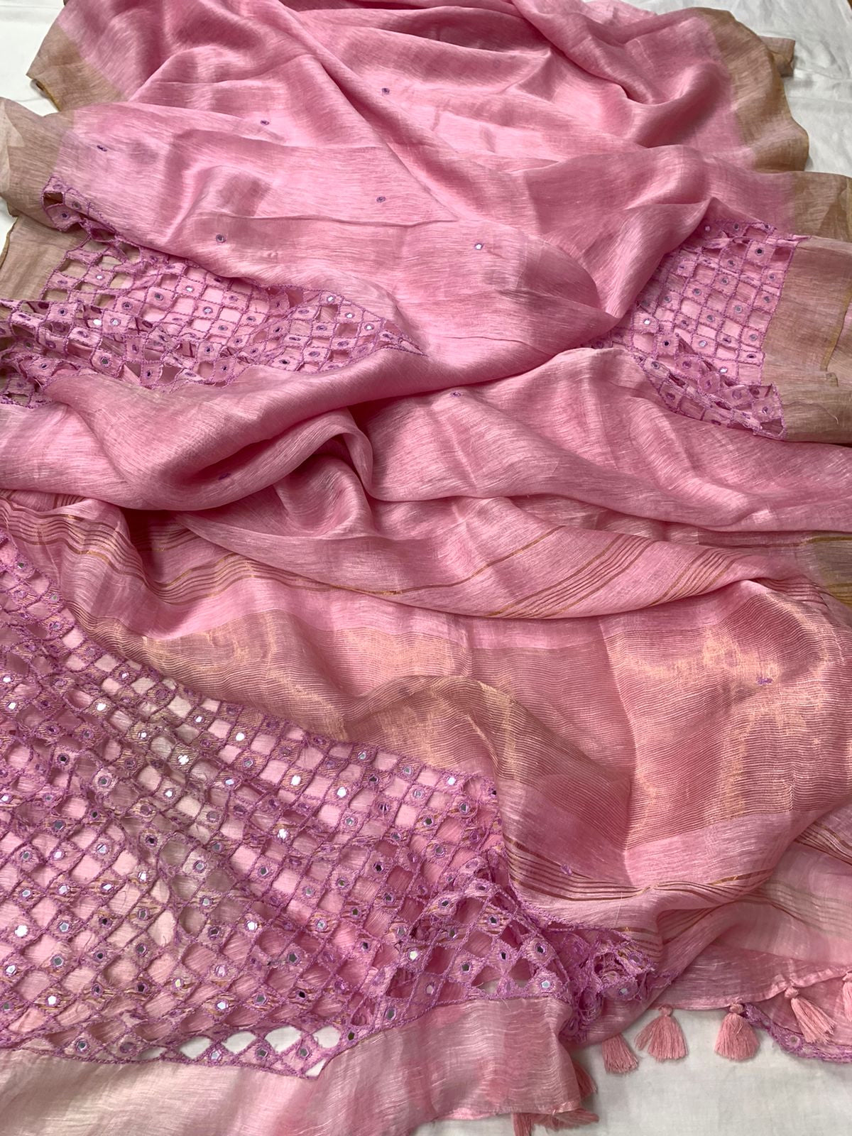 Pink Silk Linen Cutwork Saree