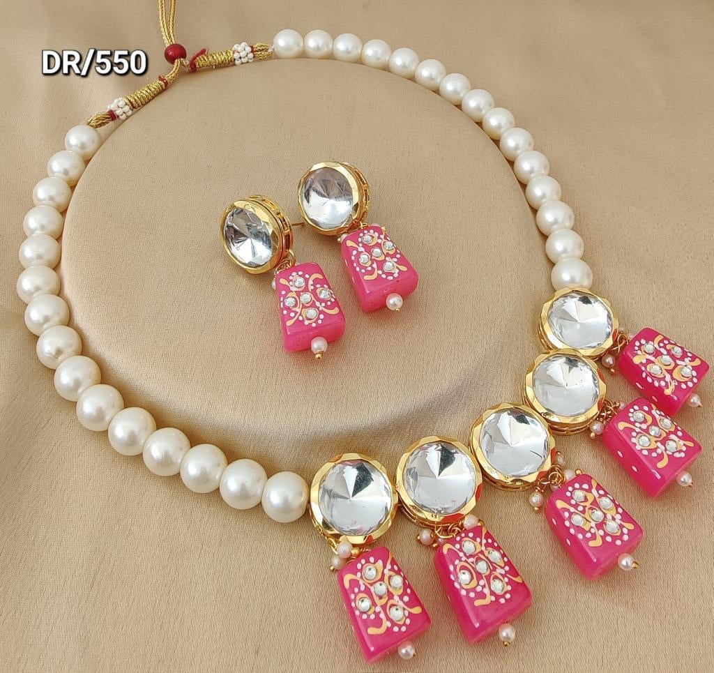 Kundan pearl necklace set in pink