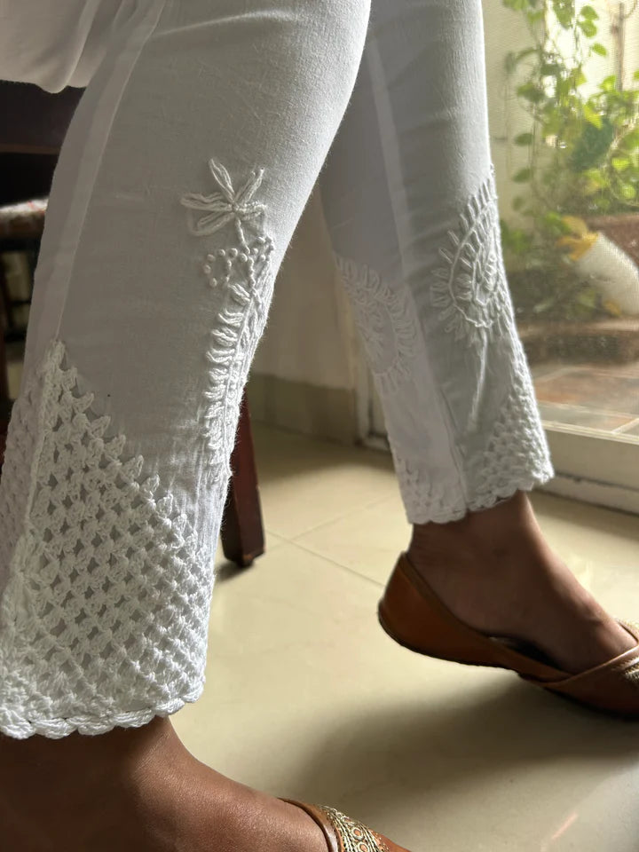 Stretchable Cotton ankle length Pants with hand embroidery/ Lucknow Chikan  embroidered leggings,narrow pants/ One size fits most