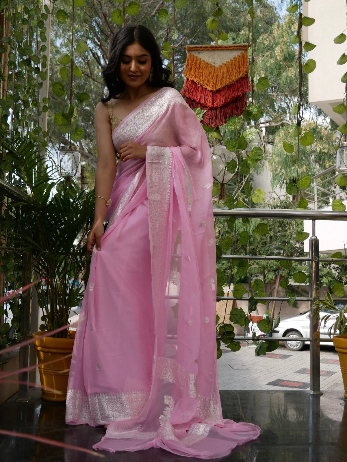 Rose Pink Banarasi Khaddi Georgette Buti Jaal Saree