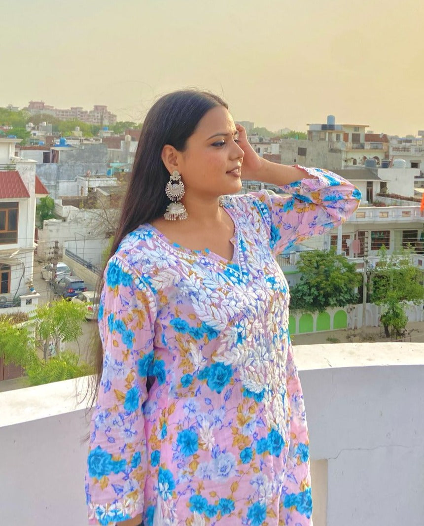 Blue Pink Mul mul cotton chikankari kurti