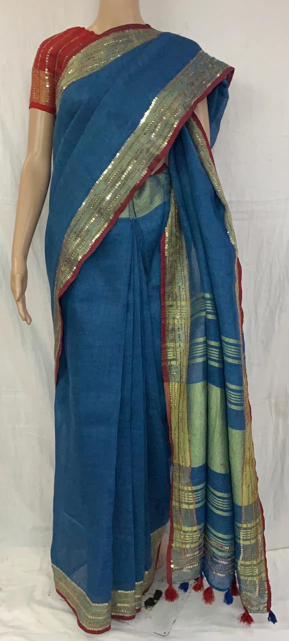 Blue Linen Embroidery Saree