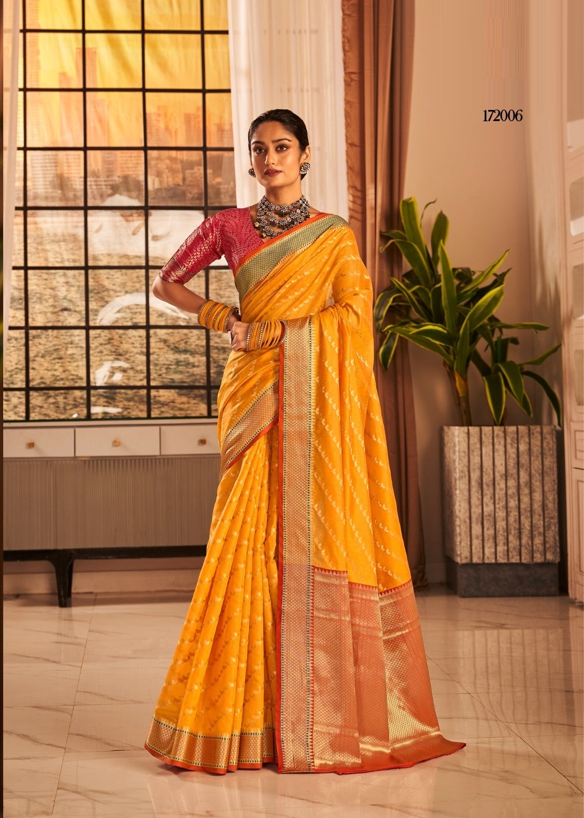 Yellow Banarasi designer silk saree