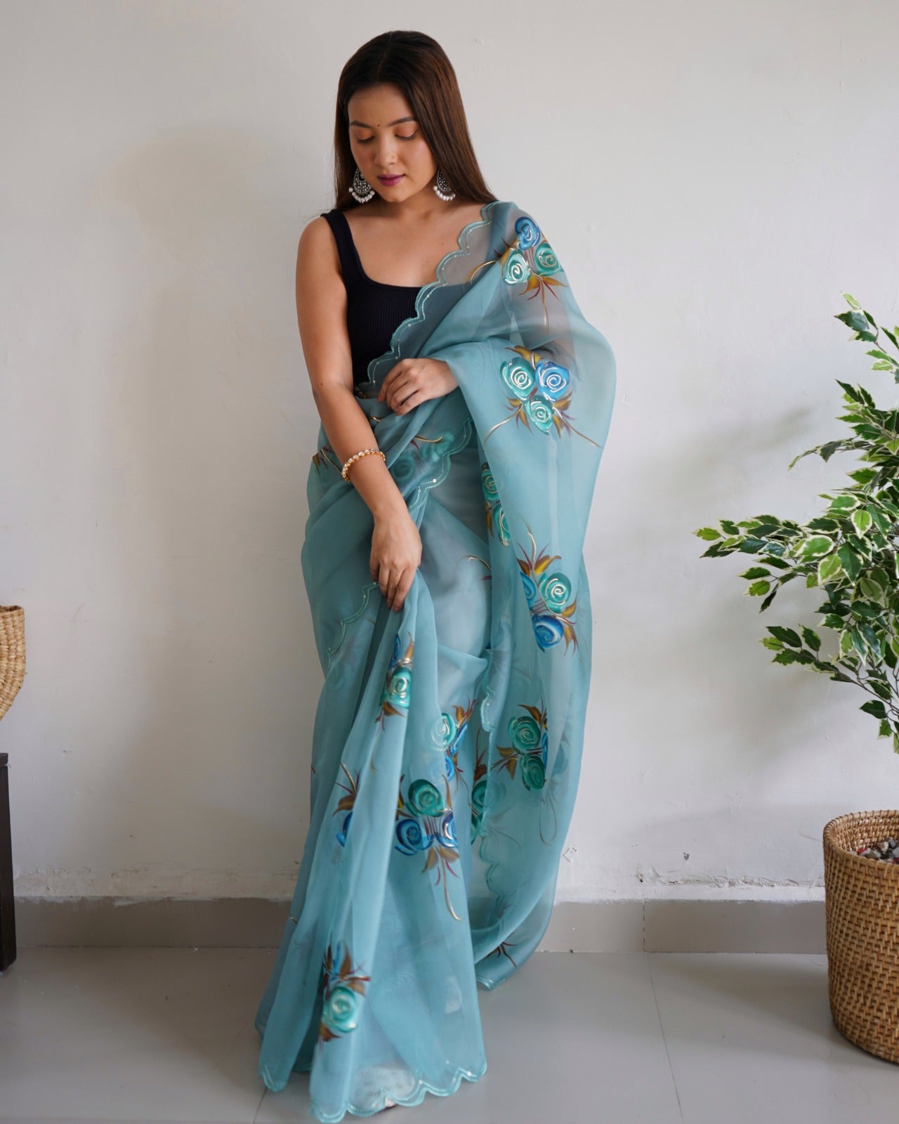 Buy Sky Blue Pure Crystal Organza Saree With All Over Floral Prints and  Jerkan and Stone Work Beautiful Saree Hand Work Saree Party Wear Saree  Online in India - Etsy