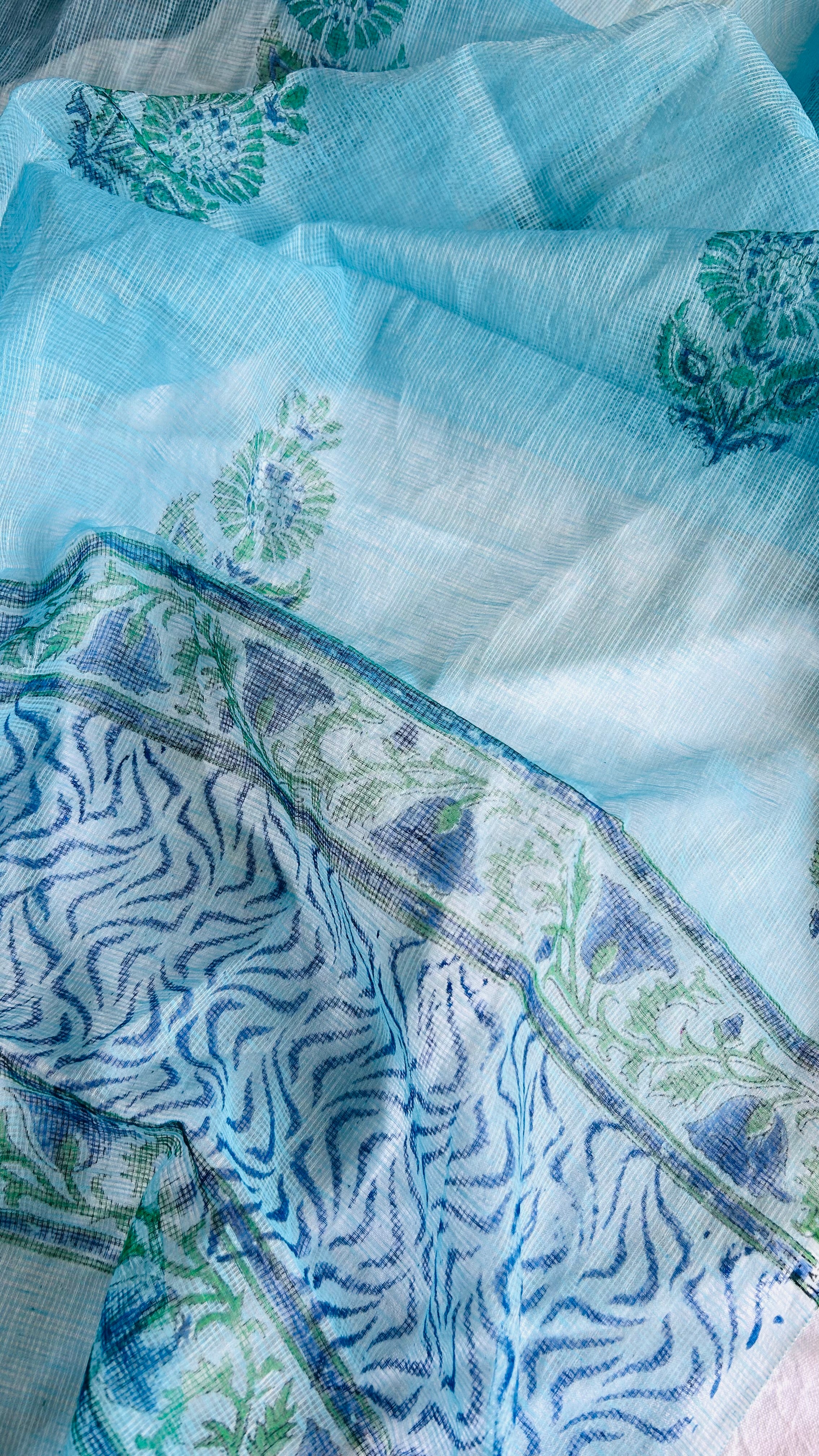 Summer Look Kota Doria Hand Block Print Suit In Blue (unstitched)