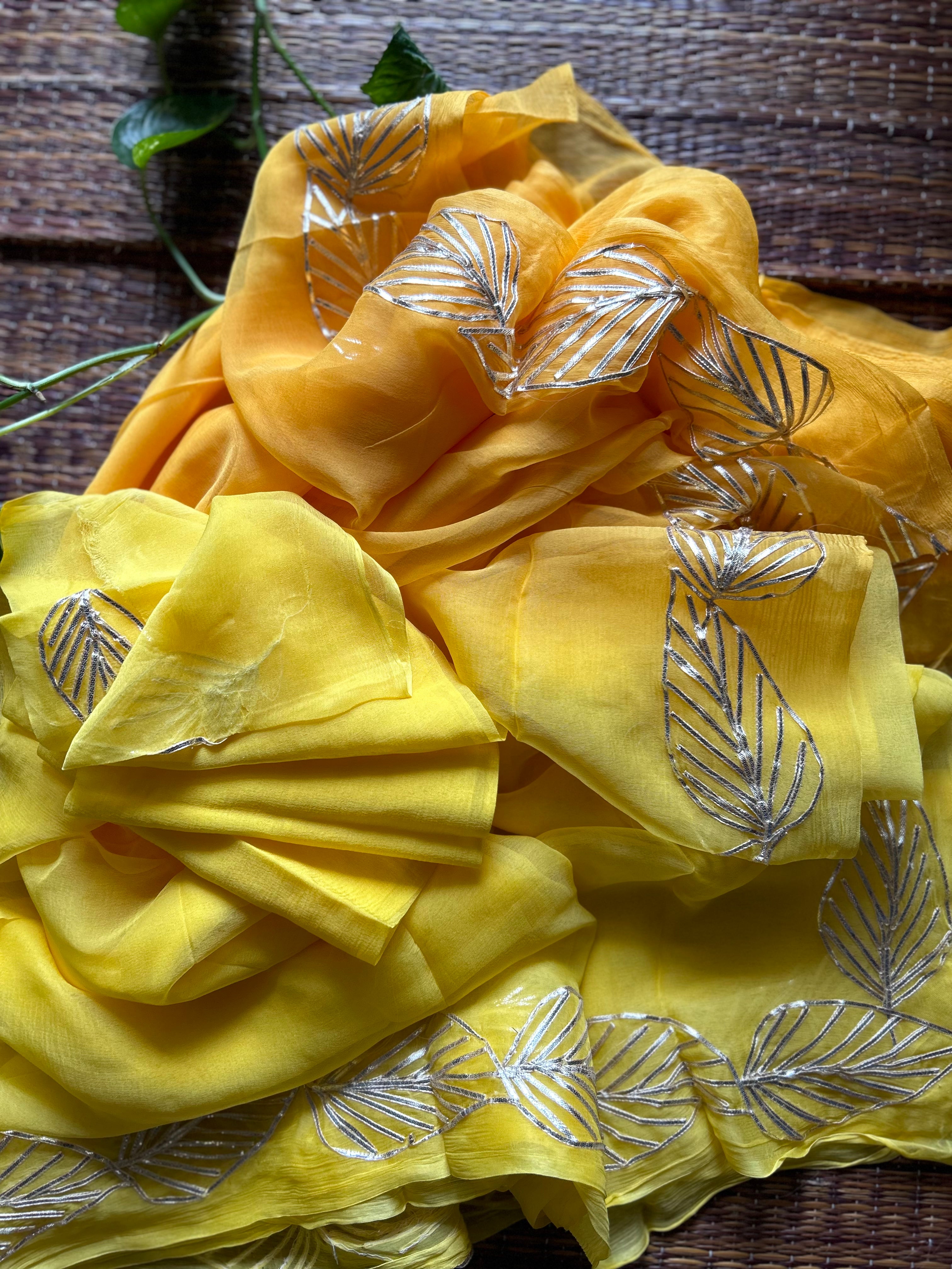 Yellow Orange Pure Chiffon Saree In Gota Patti