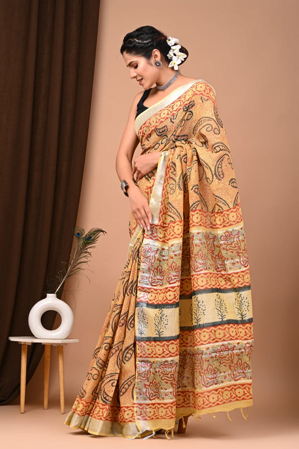 Yellow Pure Linen Shaded Sari