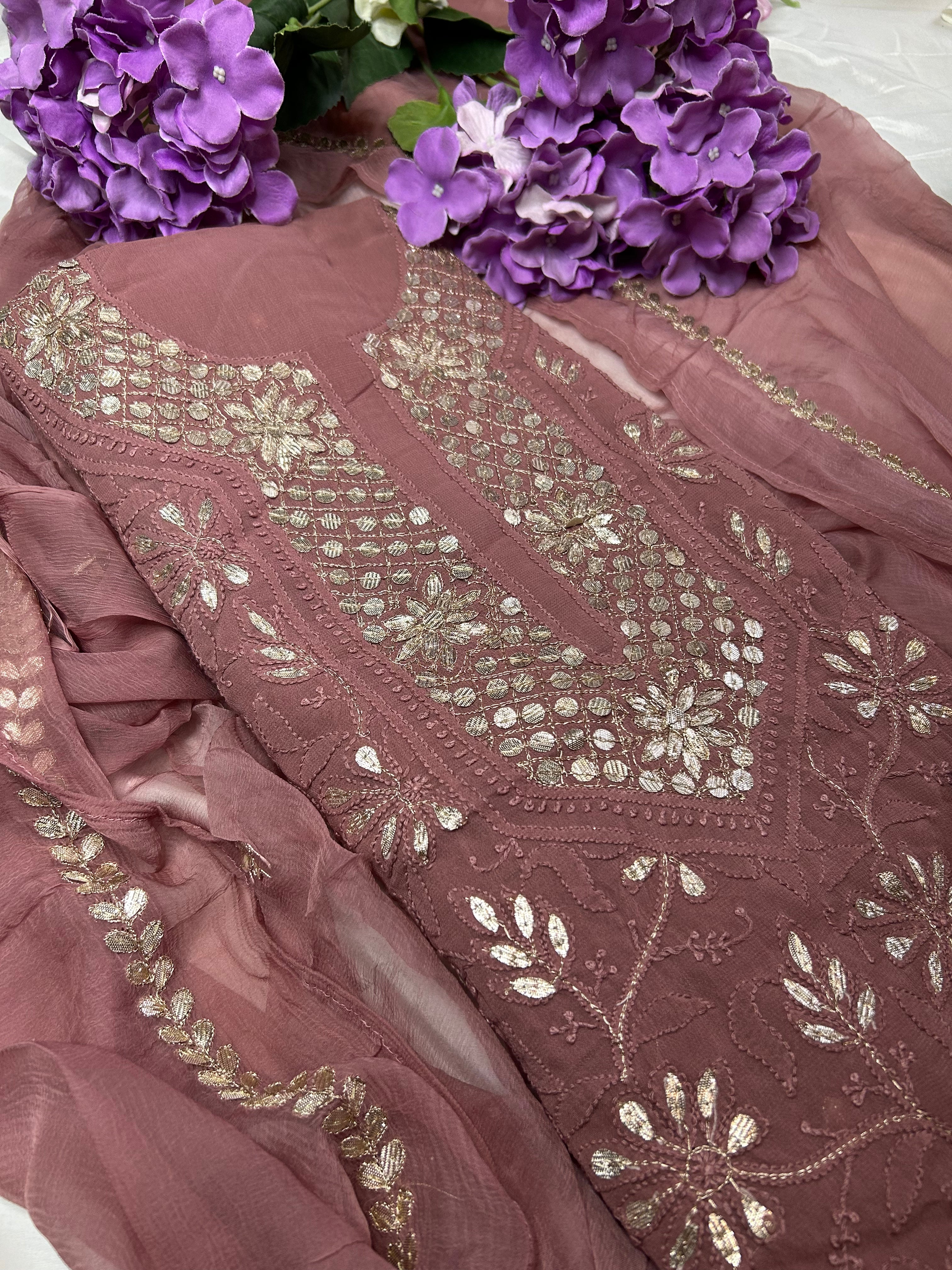 Onion colour Lakhnawi Chikankari Gota work Salwar Suit set unstitched fabric material