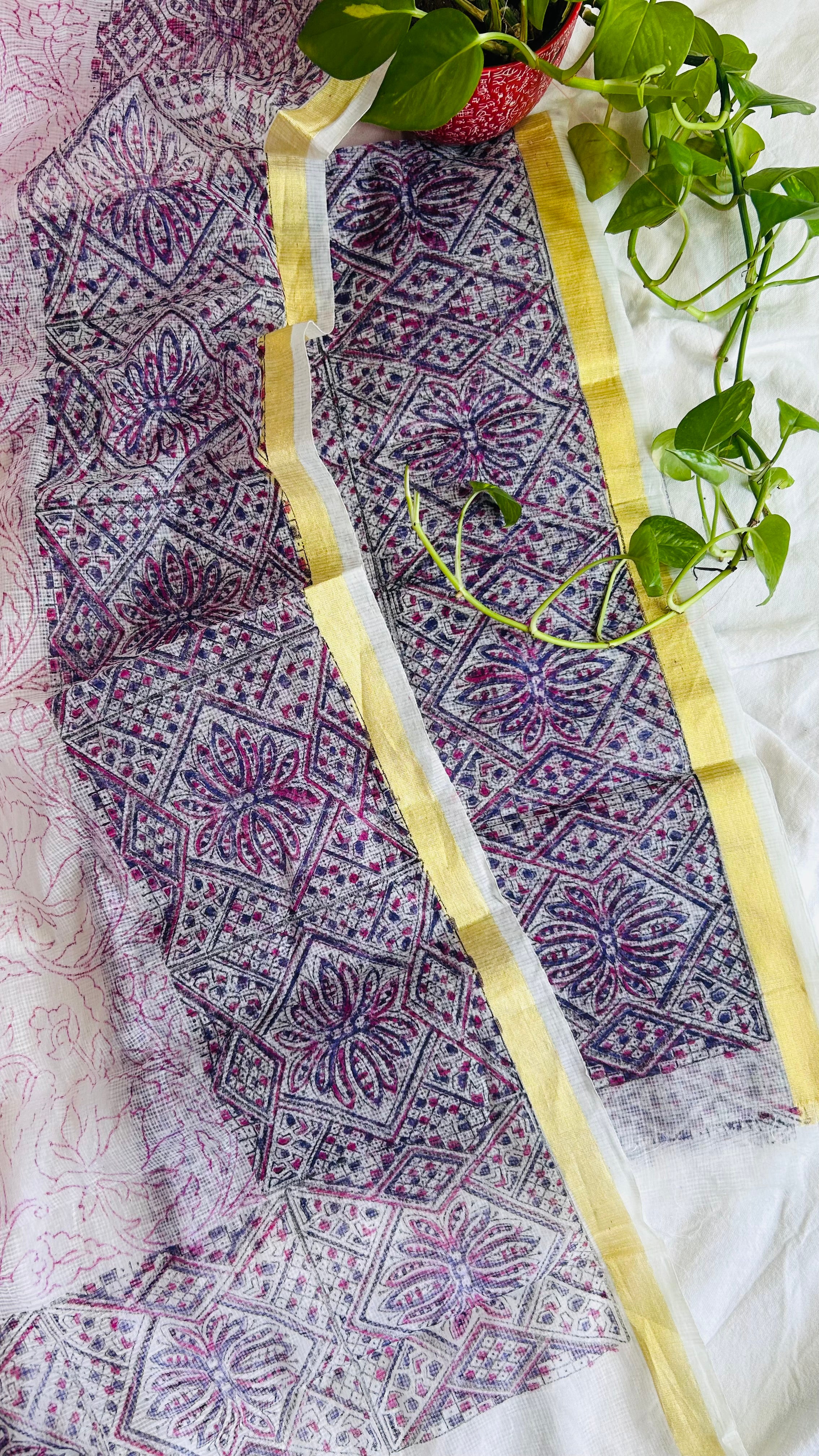 Summer Look Kota Doria Hand Block Print Suit In Pink (unstitched)
