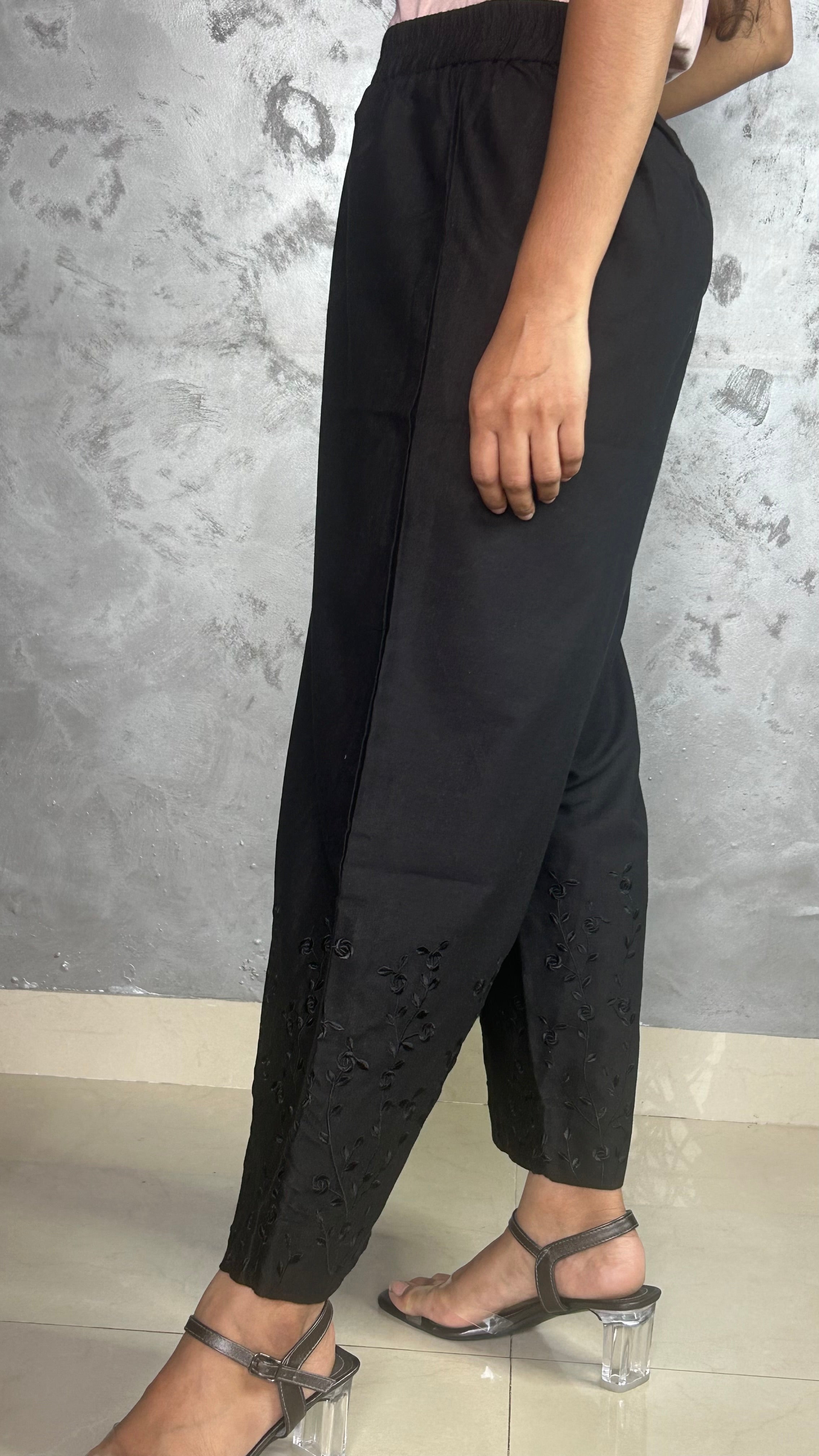 Black Embroidery Straight Pant In Cotton