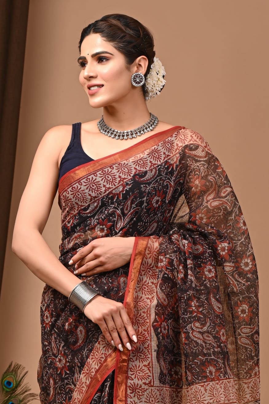 Elegant Black Red Kota Doria Traditional Print Saree