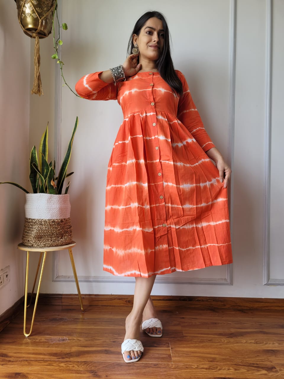 Orange Leheriya Cotton Rakhi dress