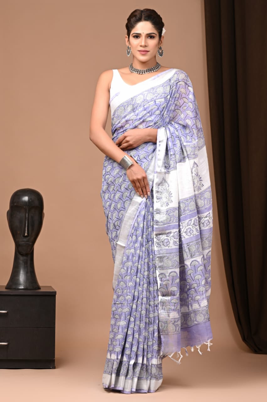 Lavender Blockprint Linen Slub Saree