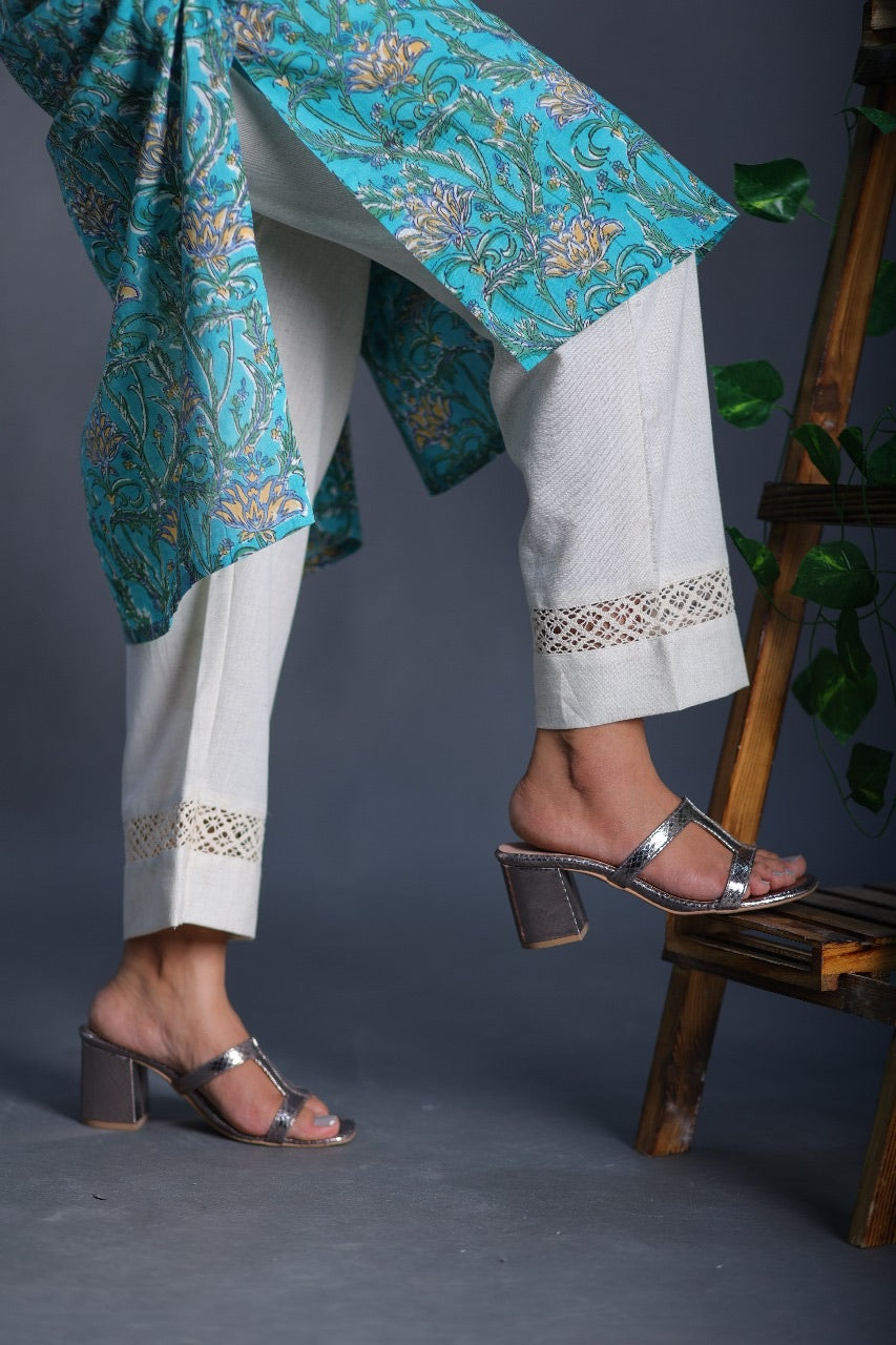 Cream Straight Pant In Khadi Cotton With Karachi Lace