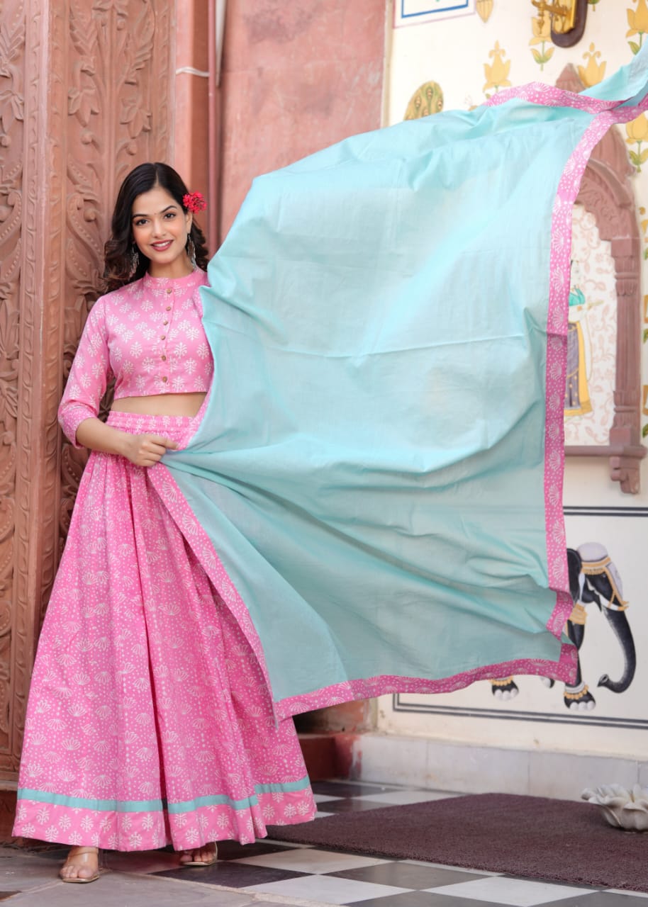 Pink Dandia Block Print Flora lehenga choli Set