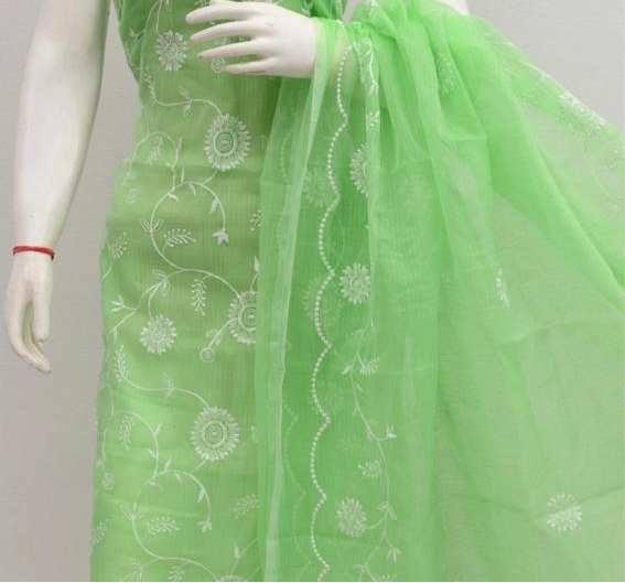 Pista Green Kota Doria Suit With Designer Kota Dupatta