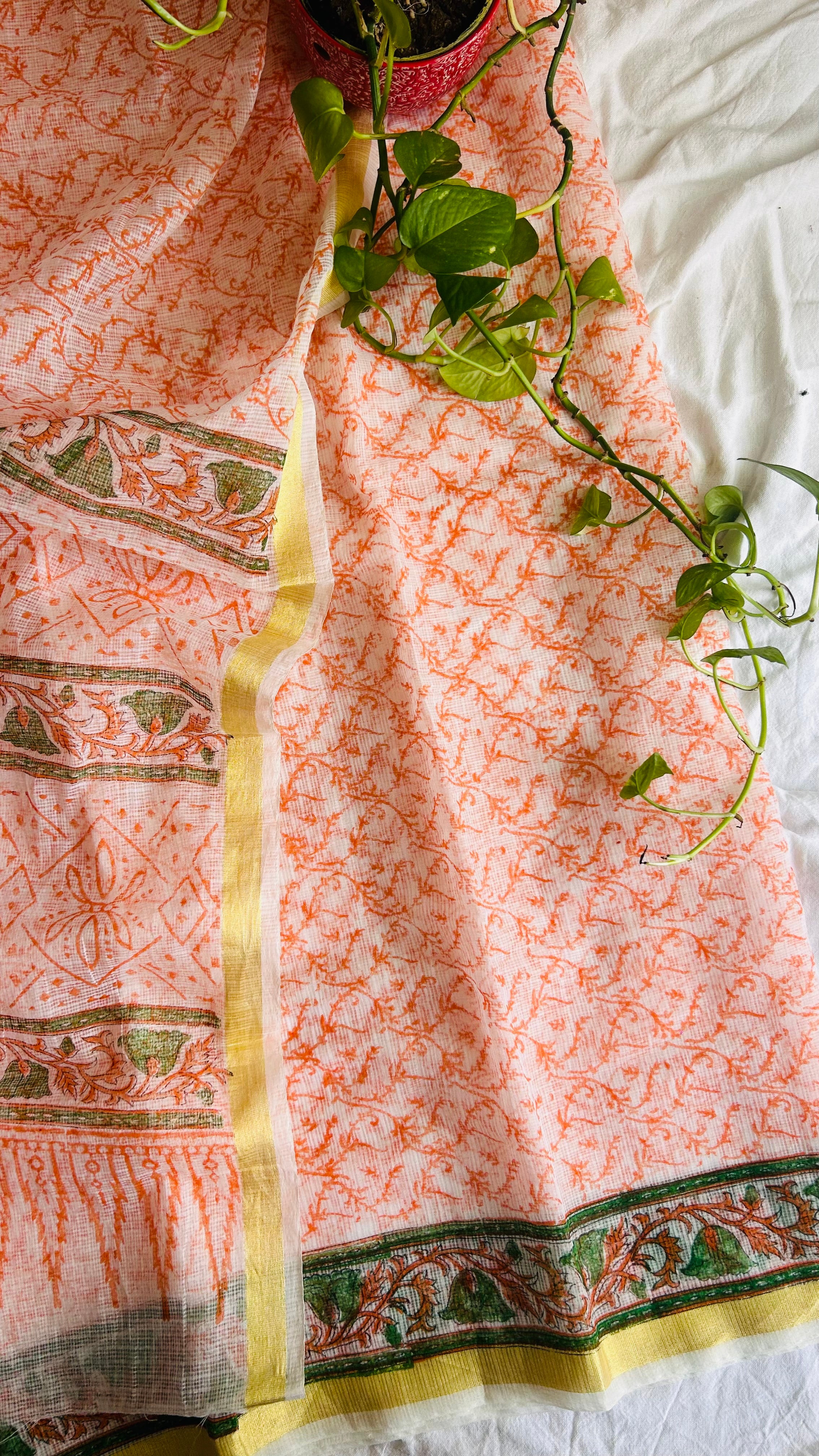 Summer Look Kota Doria Hand Block Print Suit In Peach (unstitched)
