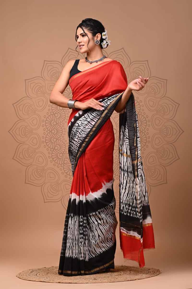 Red & Black Color Chanderi Block Print Saree