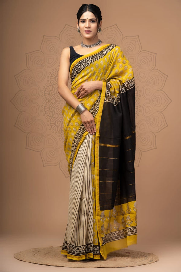 Yellow and Black Block Print Bagru Saree