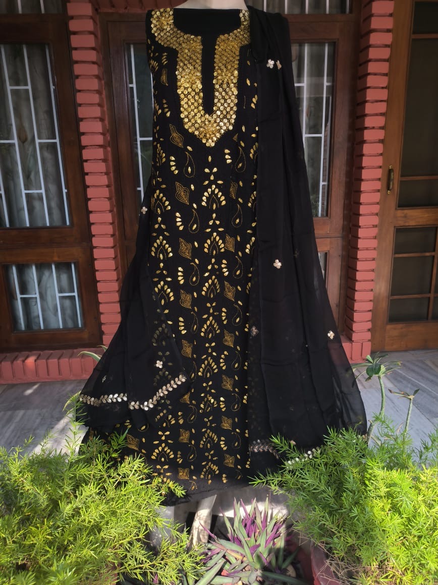 "Shab-e-Kala" Black Lucknowi Chikankari Gota Patti Salwar Suit(Dress Material)