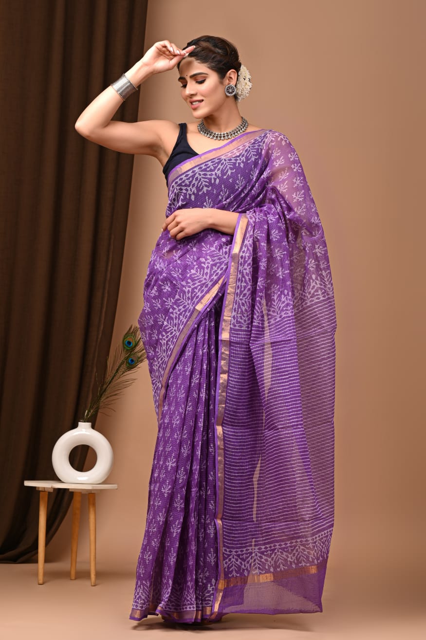 Trending Blush Purple Kota Doria Traditional Print Saree