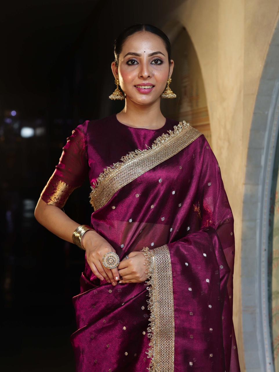 Wine Color Sitara Banarasi Tissue Saree