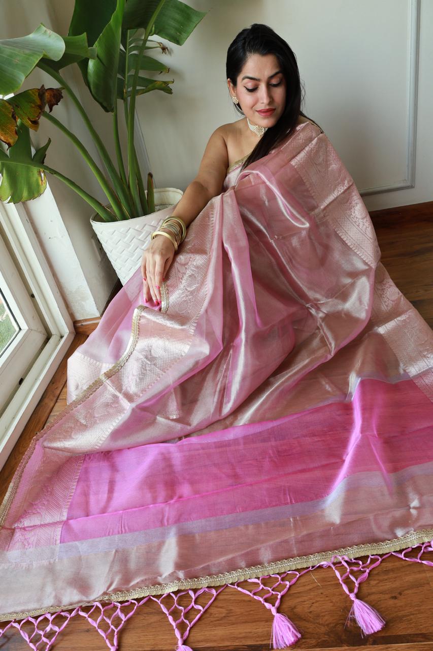 Celebrity look  Pink Tissue Saree