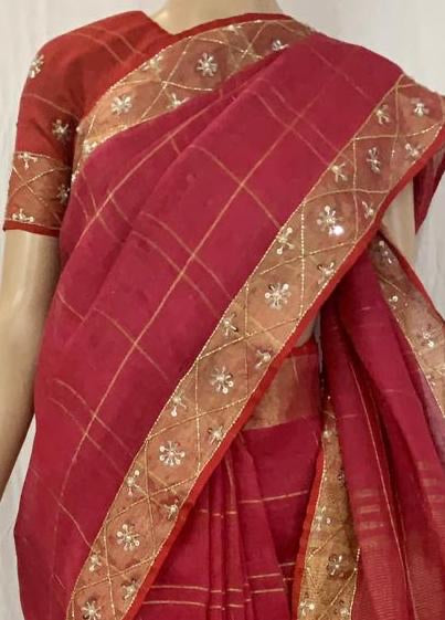 Red Linen Embroidery Saree