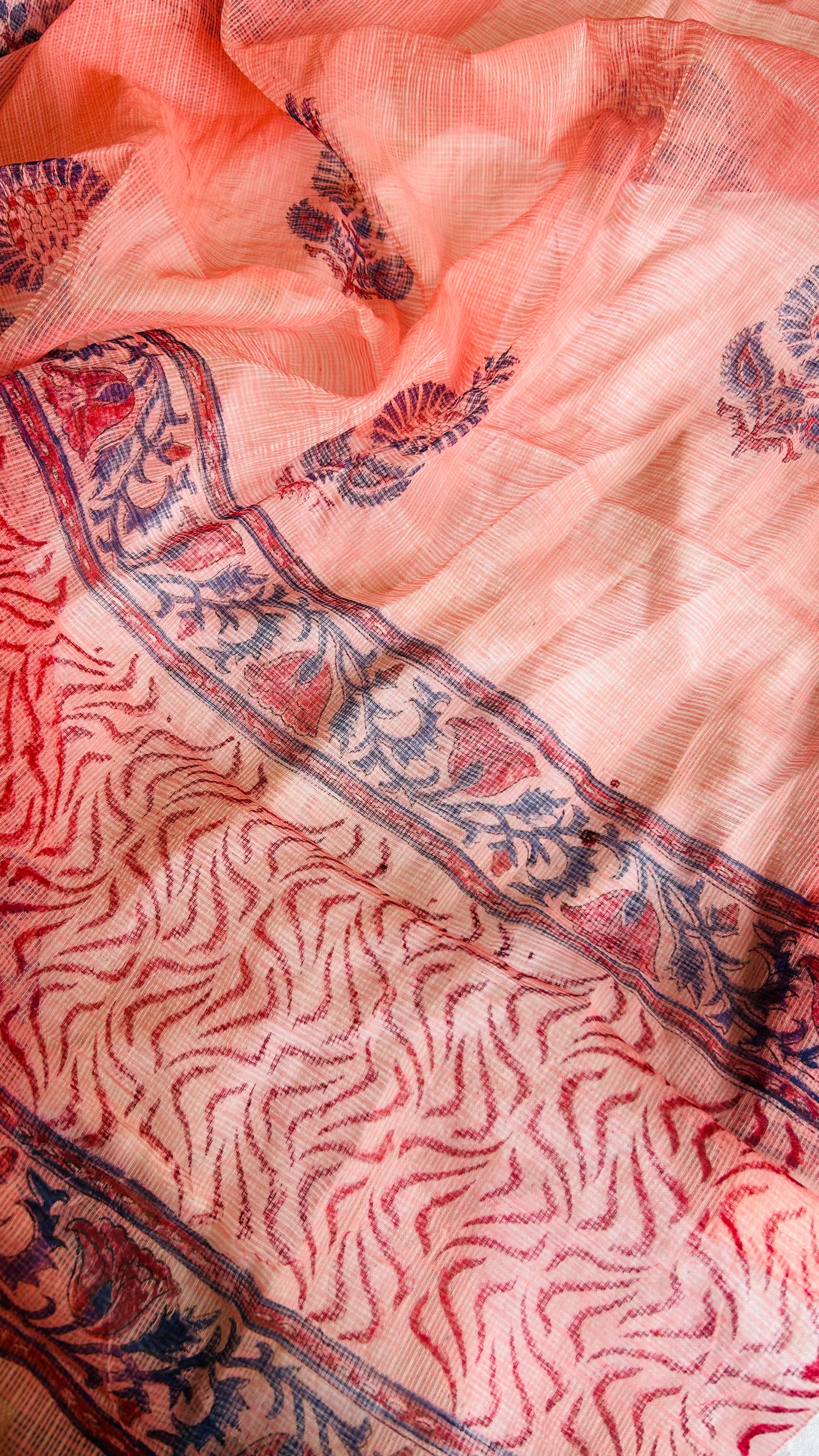 Summer Look Kota Doria Hand Block Print Suit In Peach (unstitched)