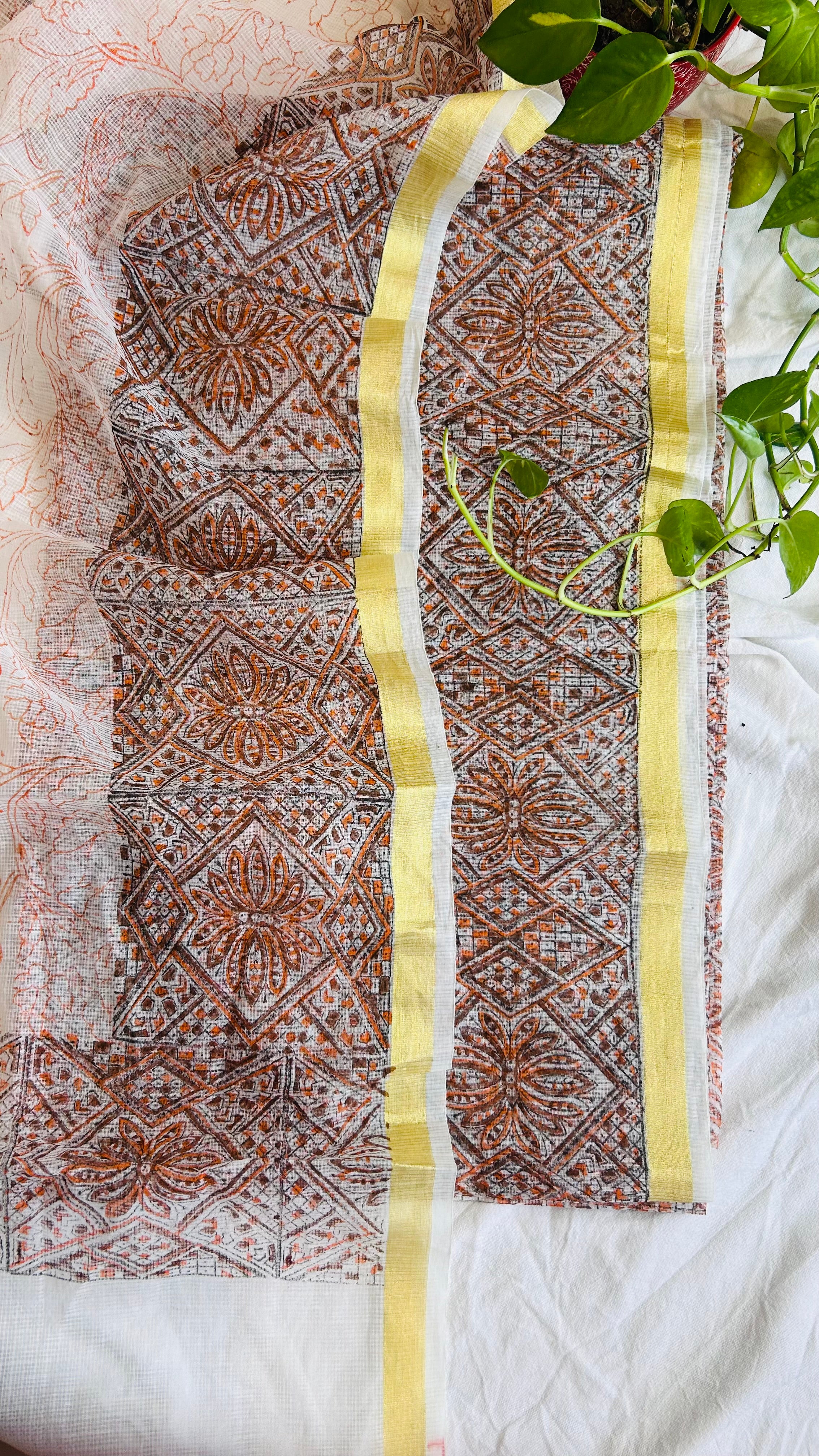 Summer Look Kota Doria Hand Block Print Suit In Cream (unstitched)