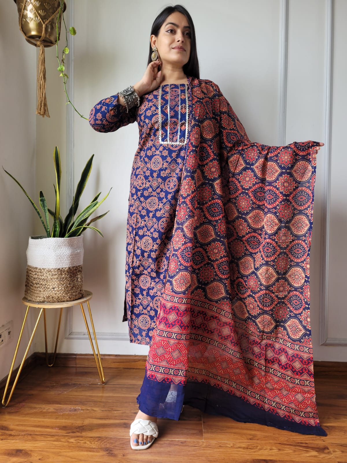 Red Blue Block Print Suit Set With Dupatta