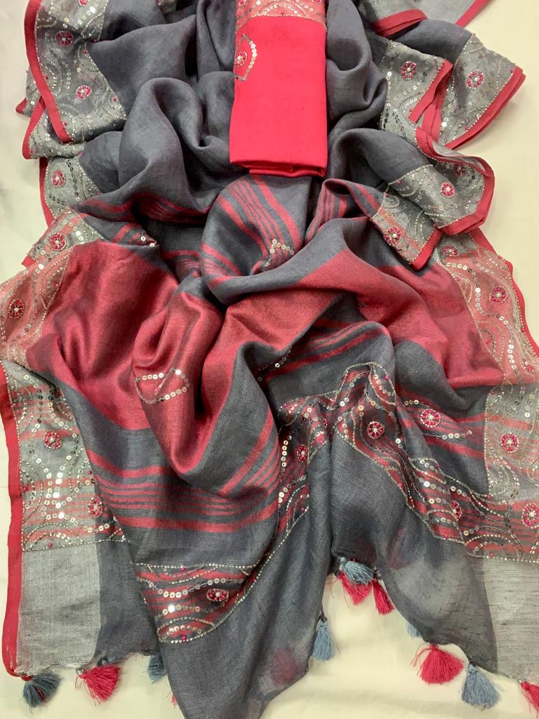 Grey  Linen Sequence Embroidred Saree