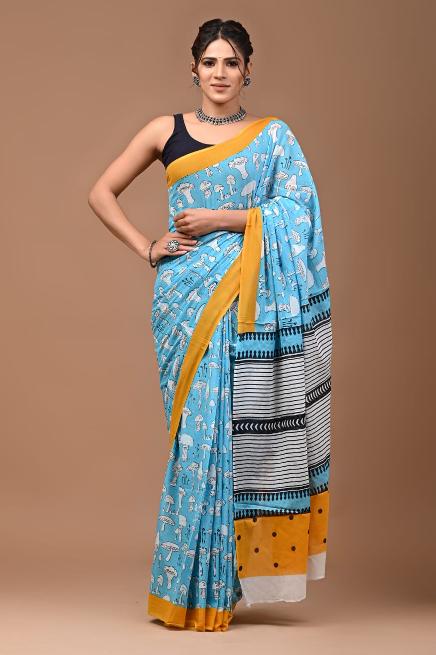 Sky Blue Fun Hand Block Print MulMul Cotton Saree