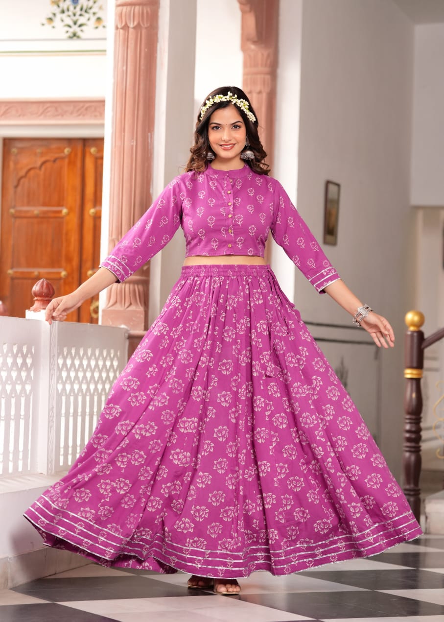 Purple  Block Print Flora lehenga choli Set