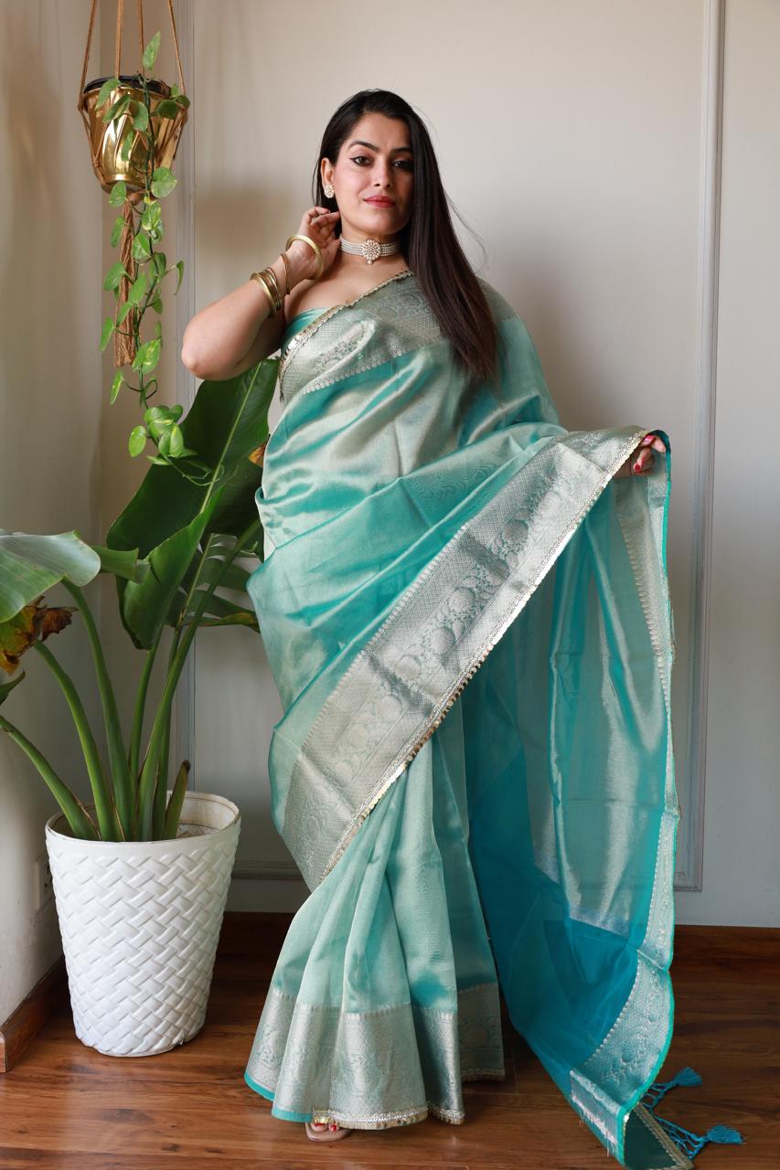 Celebrity Look Blue Tissue Saree