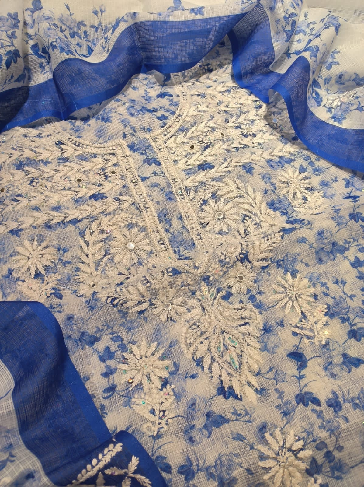 Blue-White Kota Silk Chikan embroidery Suit Set fabric