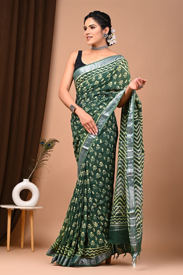 Green Pure Linen Saree