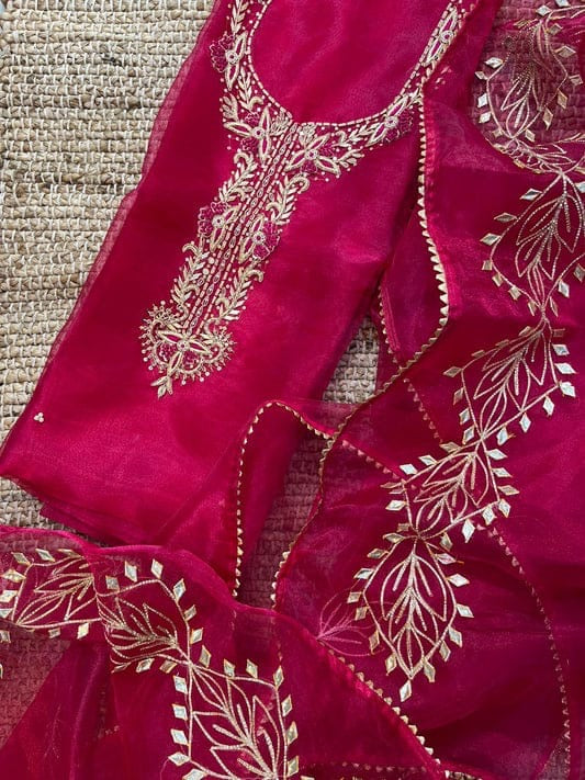 Fucia Pink Hand Gota Patti Organza Suit