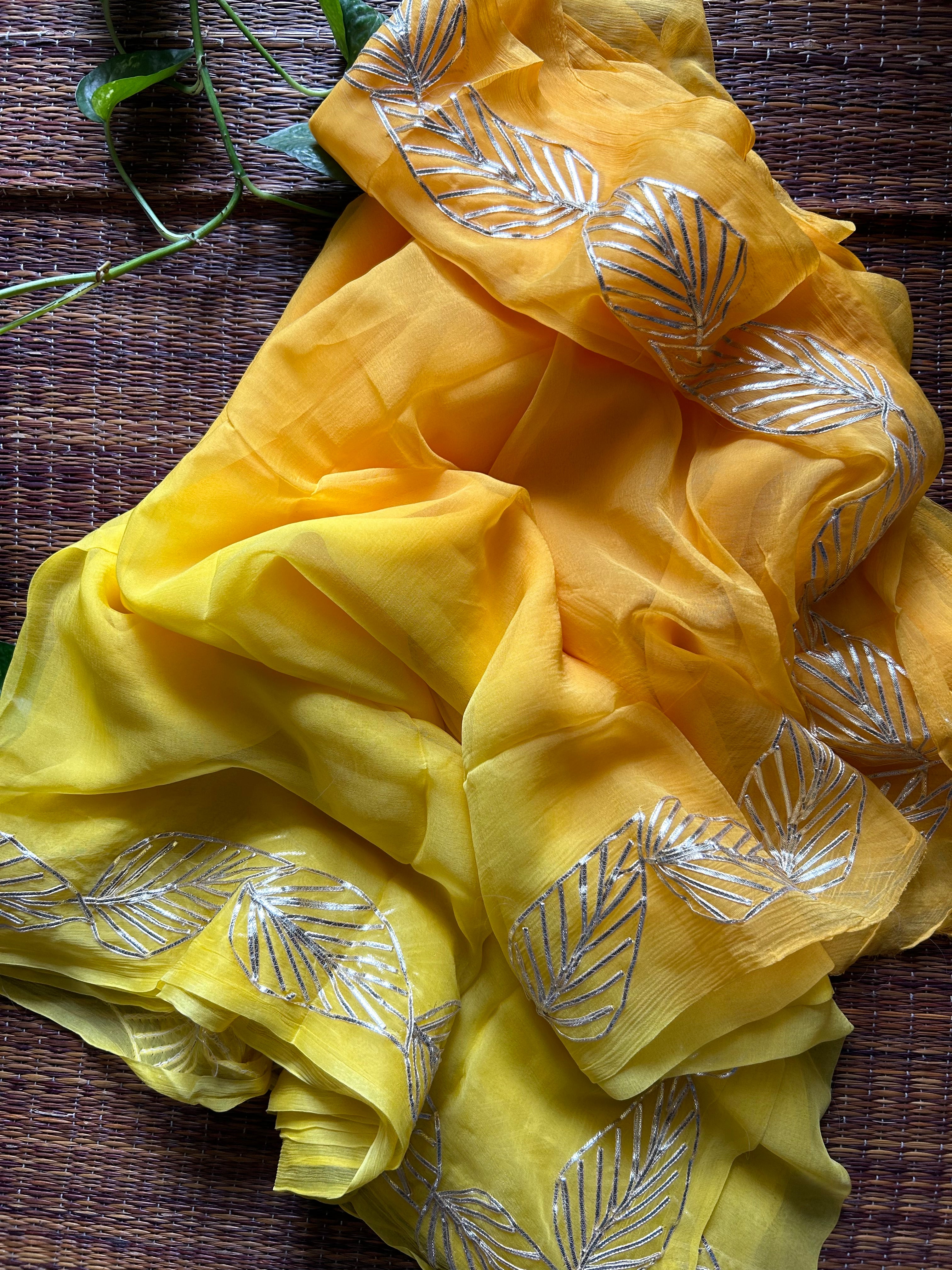 Yellow Orange Pure Chiffon Saree In Gota Patti